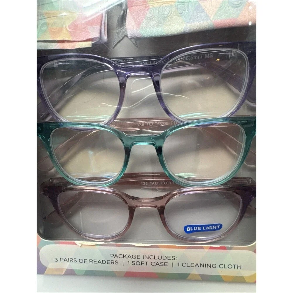 Optique Readers +3.00 3 Pair, One Blue Light Soft Case Cleaning Cloth NEW
